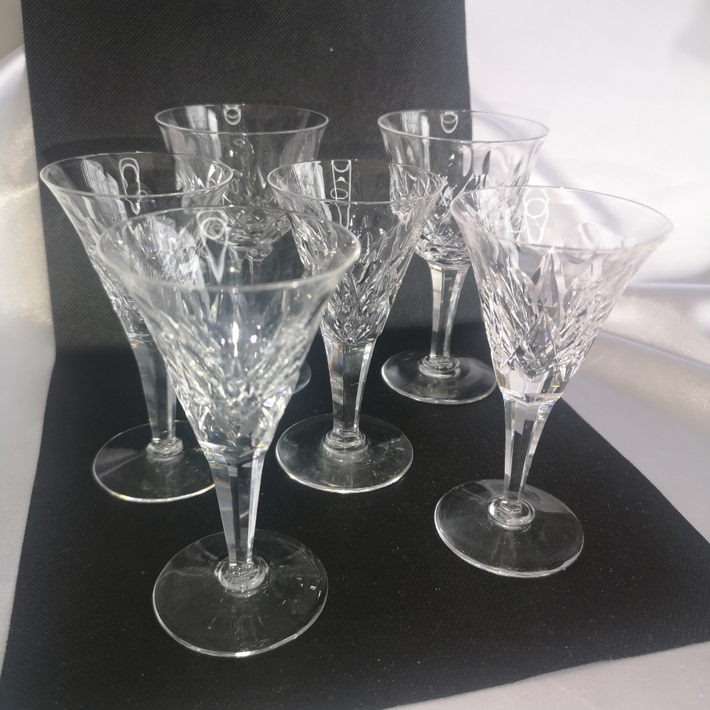 6 x Vintage Stuart Crystal Hexagon Column Wine Glasses England, T:4.5”, Stamped